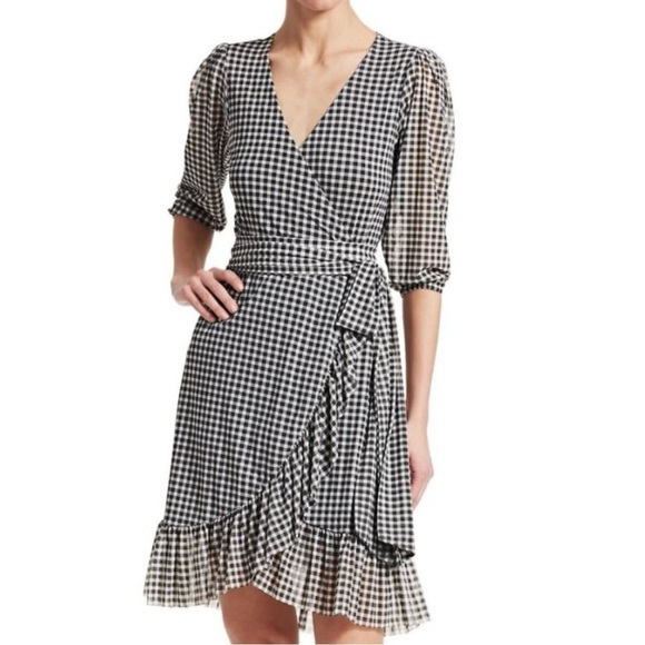 GANNI Gingham Ruffled Mesh Mini Dress In Black - Size 34 US 2 - Picture 1 of 9